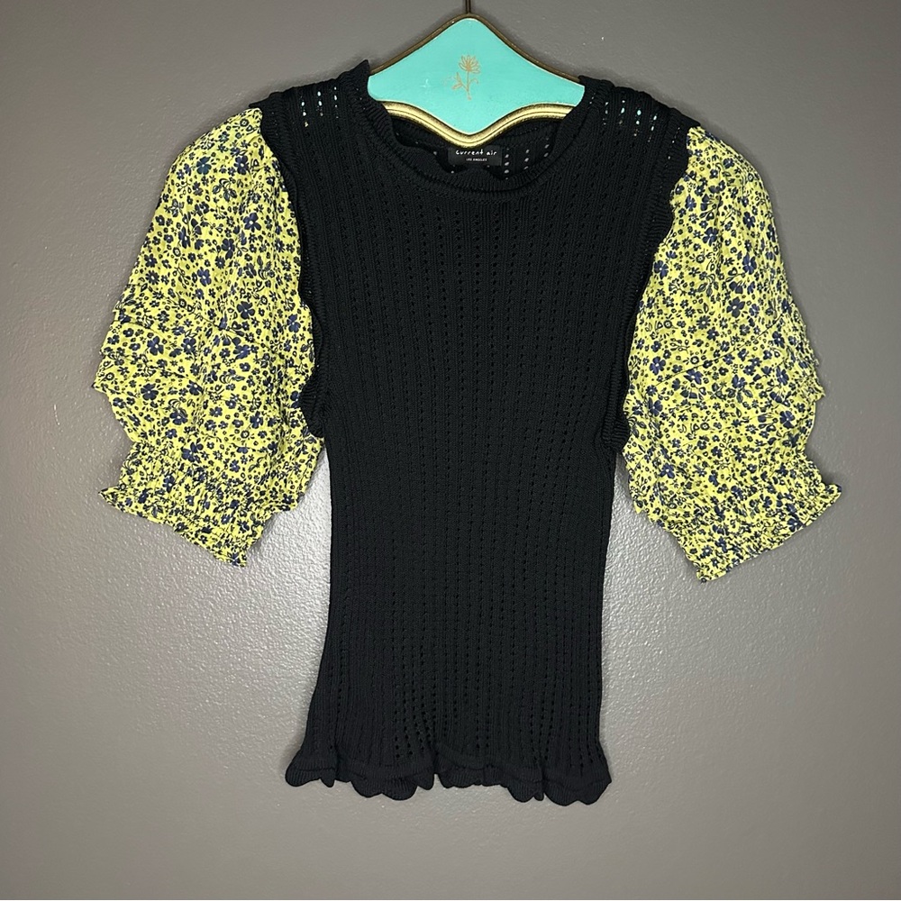 Current Air Black Knit Top with Yellow Floral Sleeves